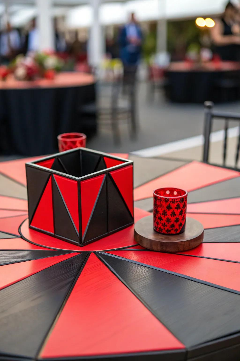 Geometric configurations styled using dark and scarlet introducing a current spin across the centerpiece.