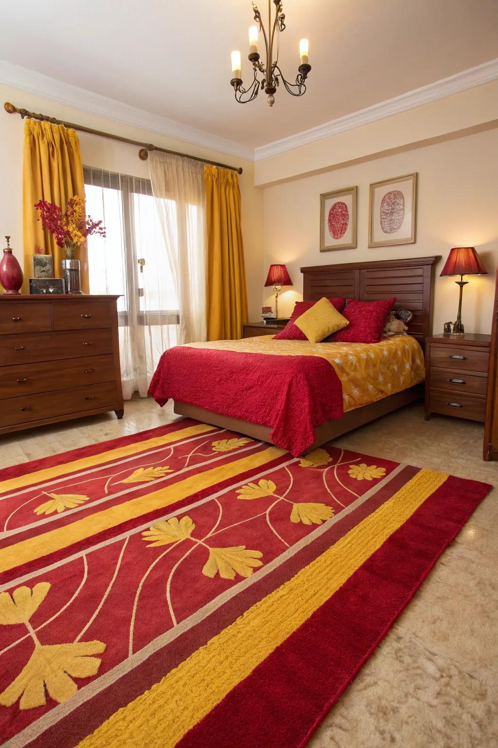 A crimson and gold rug seamlessly intertwines the room's chromatic arrangement.