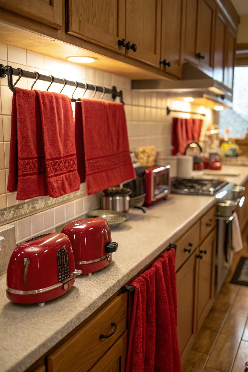 Celebratory ruby accents conveying holiday elation to the culinary space.