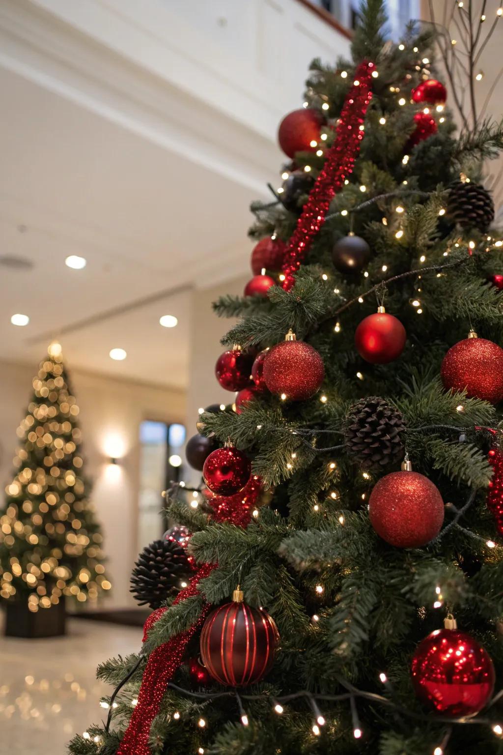 Theatrical Christmas tree featuring scarlet and onyx highlights