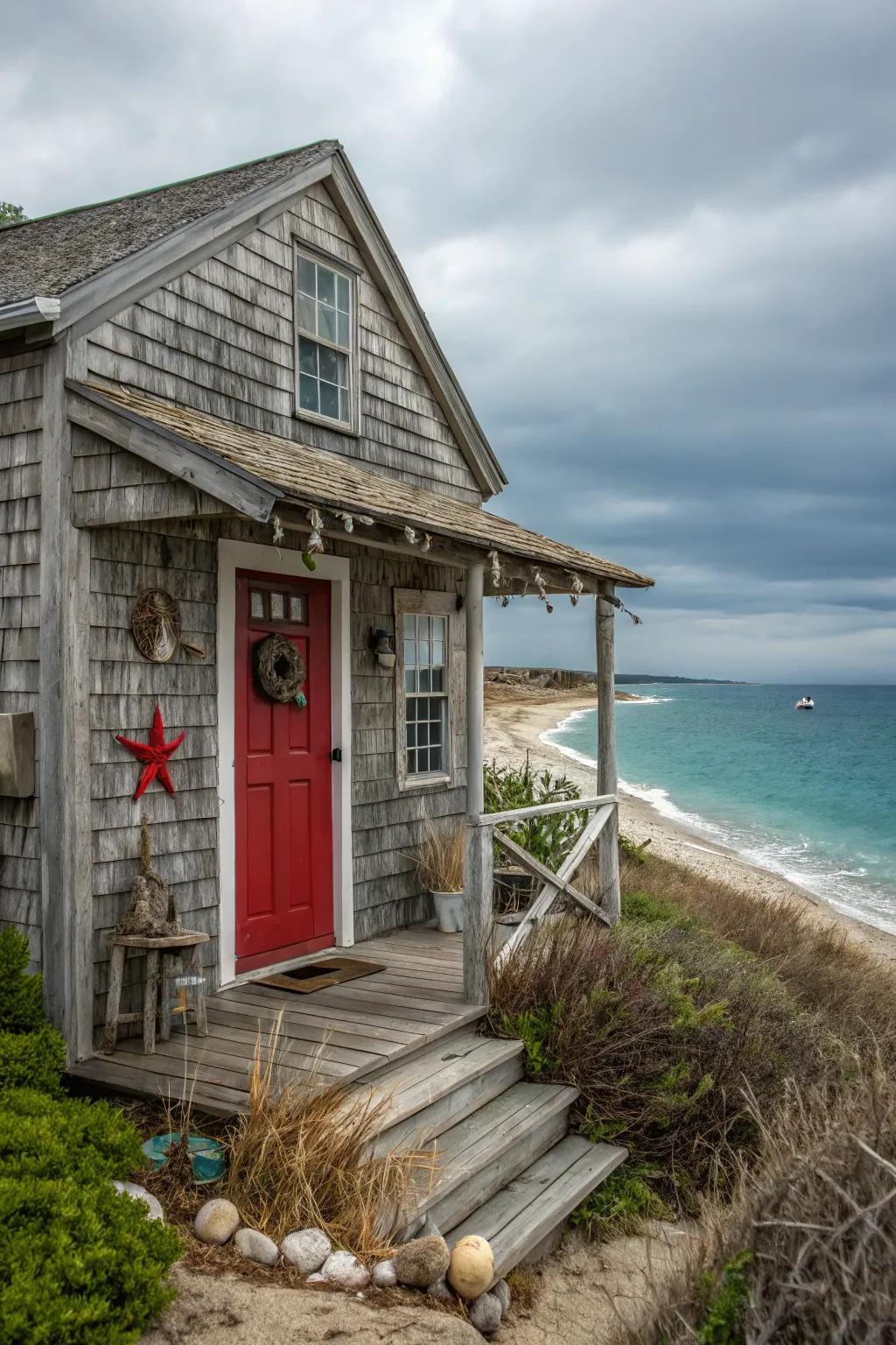 Coastal home featuring a red entrance, embodying seaside charm.