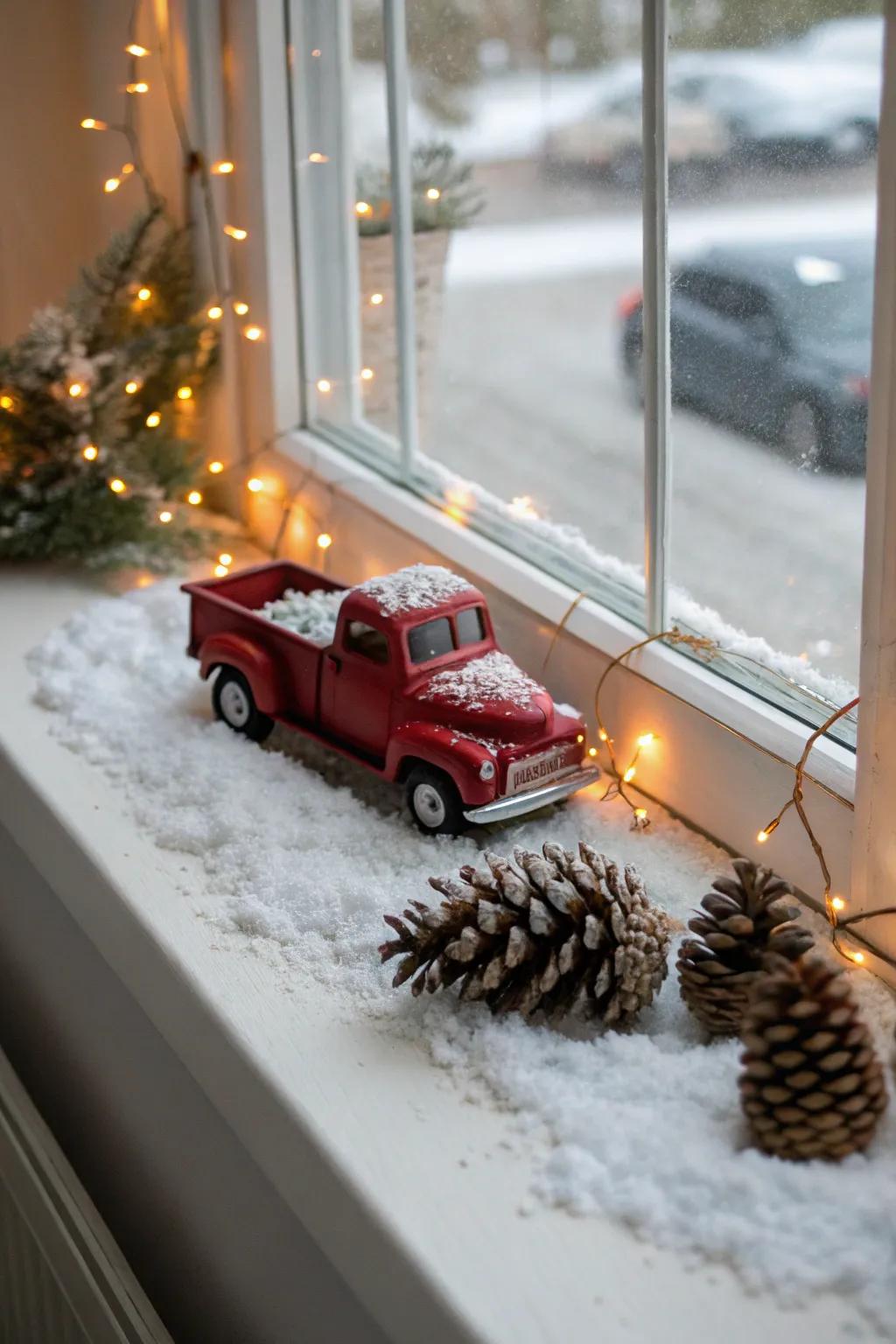 Charming window sill exhibition with a crimson pickup and festive touches.