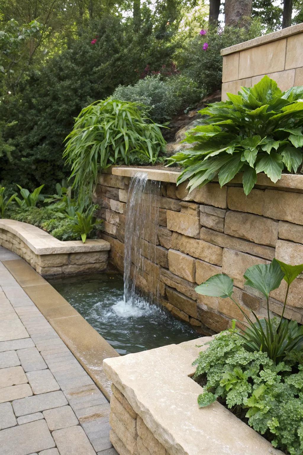 A waterfall feature appends tranquility and beauty to retaining walls.
