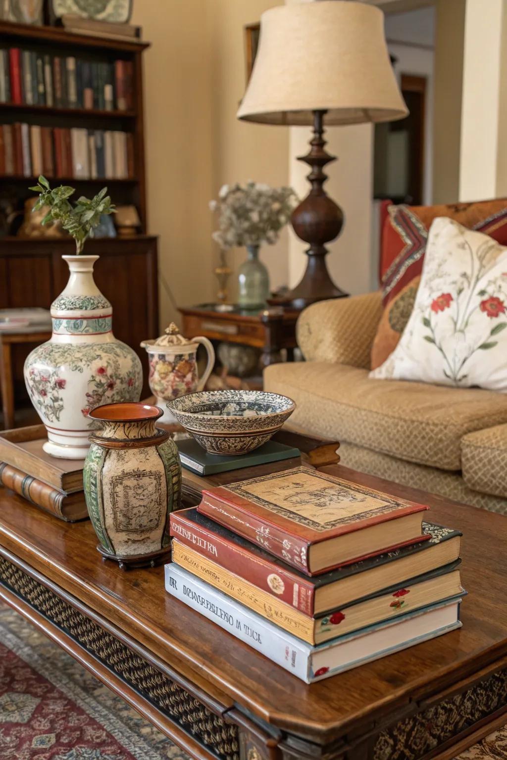 Vintage books add depth and history.