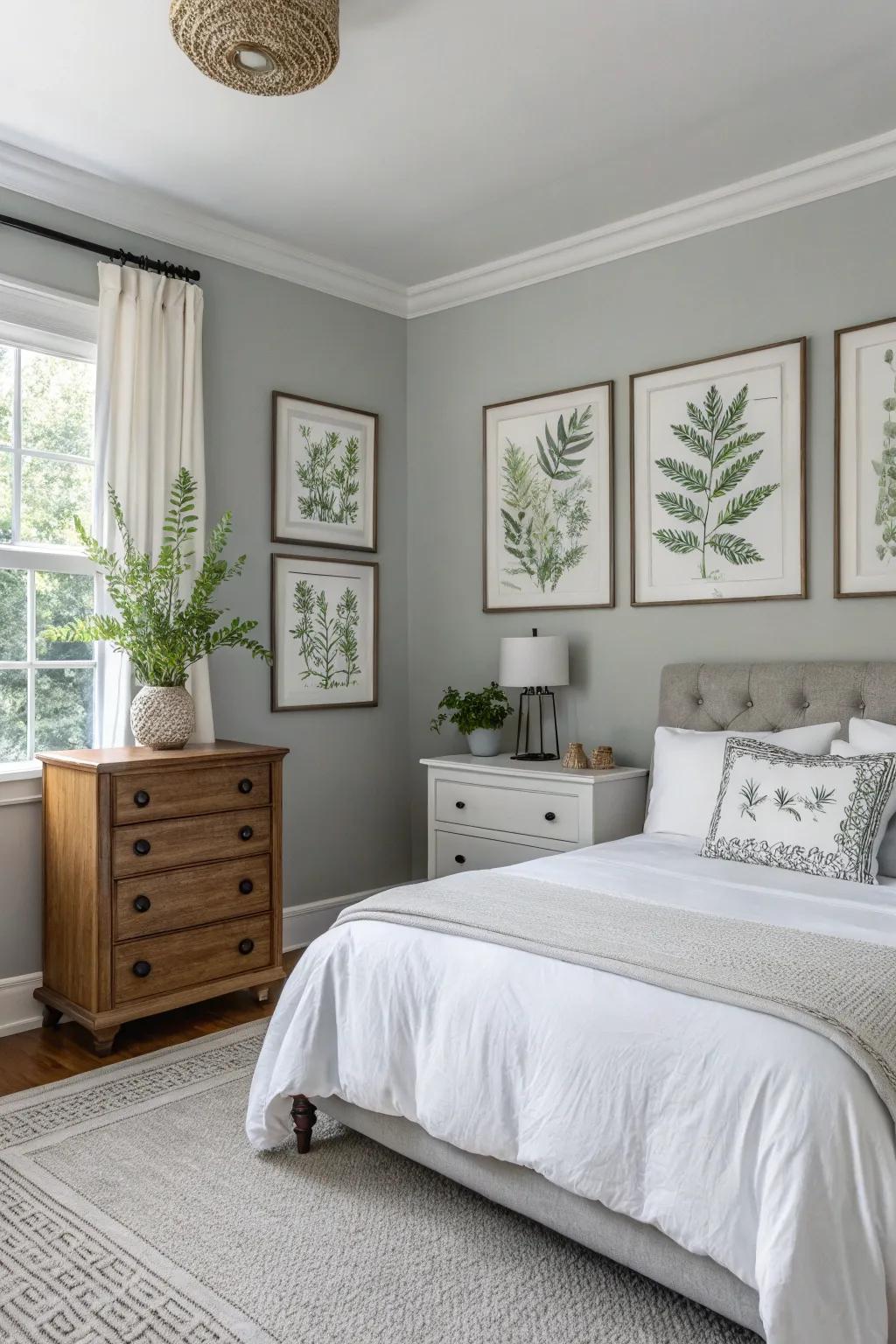 Botanical prints refresh a Willow Gray bedroom.