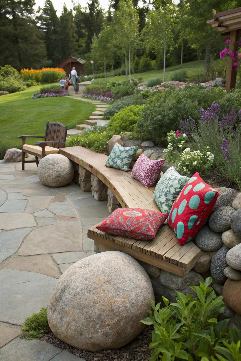 Sizeable shoreline stones establish a cozy and inventive seating spot within this garden.