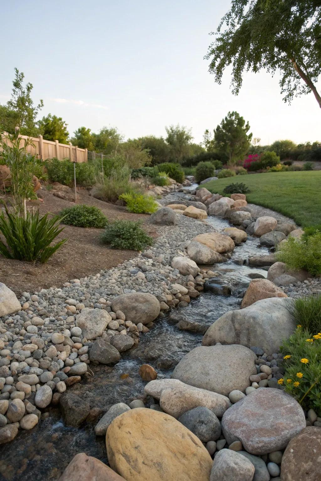 A dry rivulet bed feature imbuing both texture and utility to the garden.