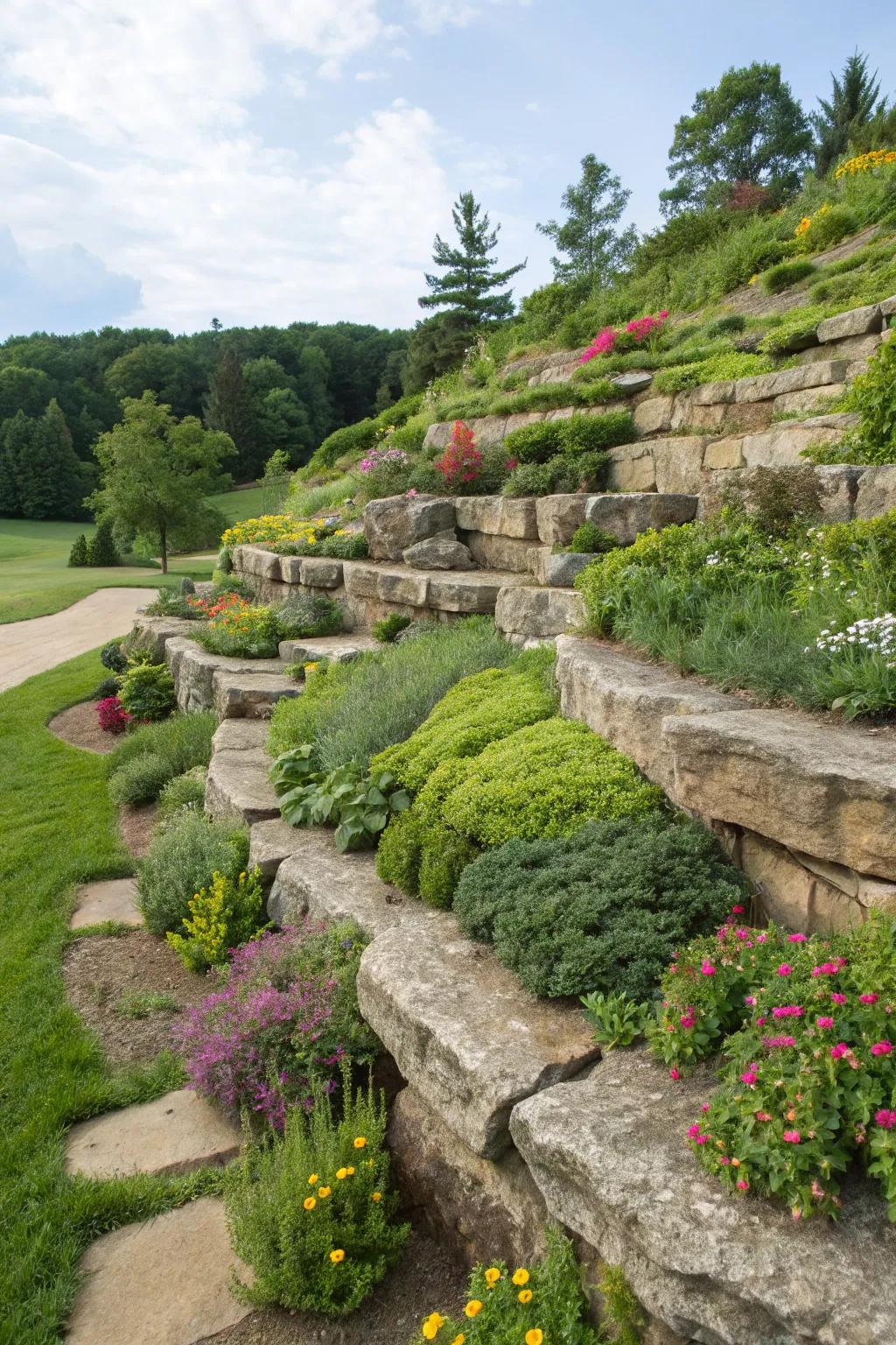 Terraced stone sanctuary exhibiting lush plantings on multiple gradations.