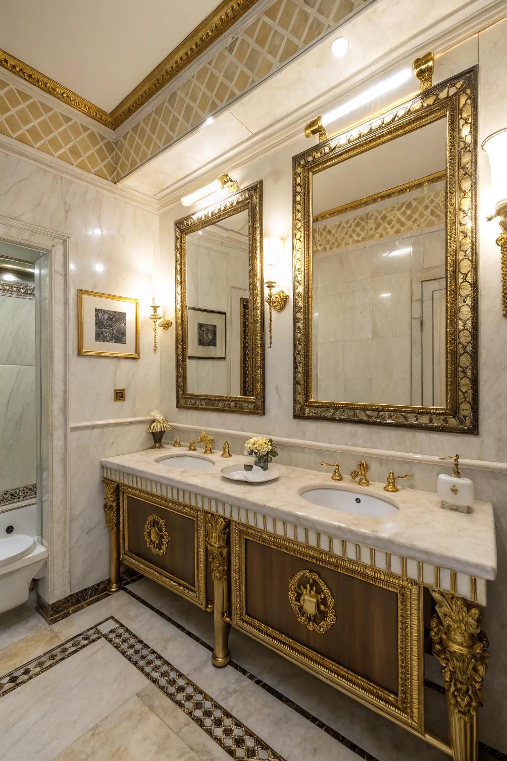 Precious metal features introduce a noble element to this extravagant bathroom.