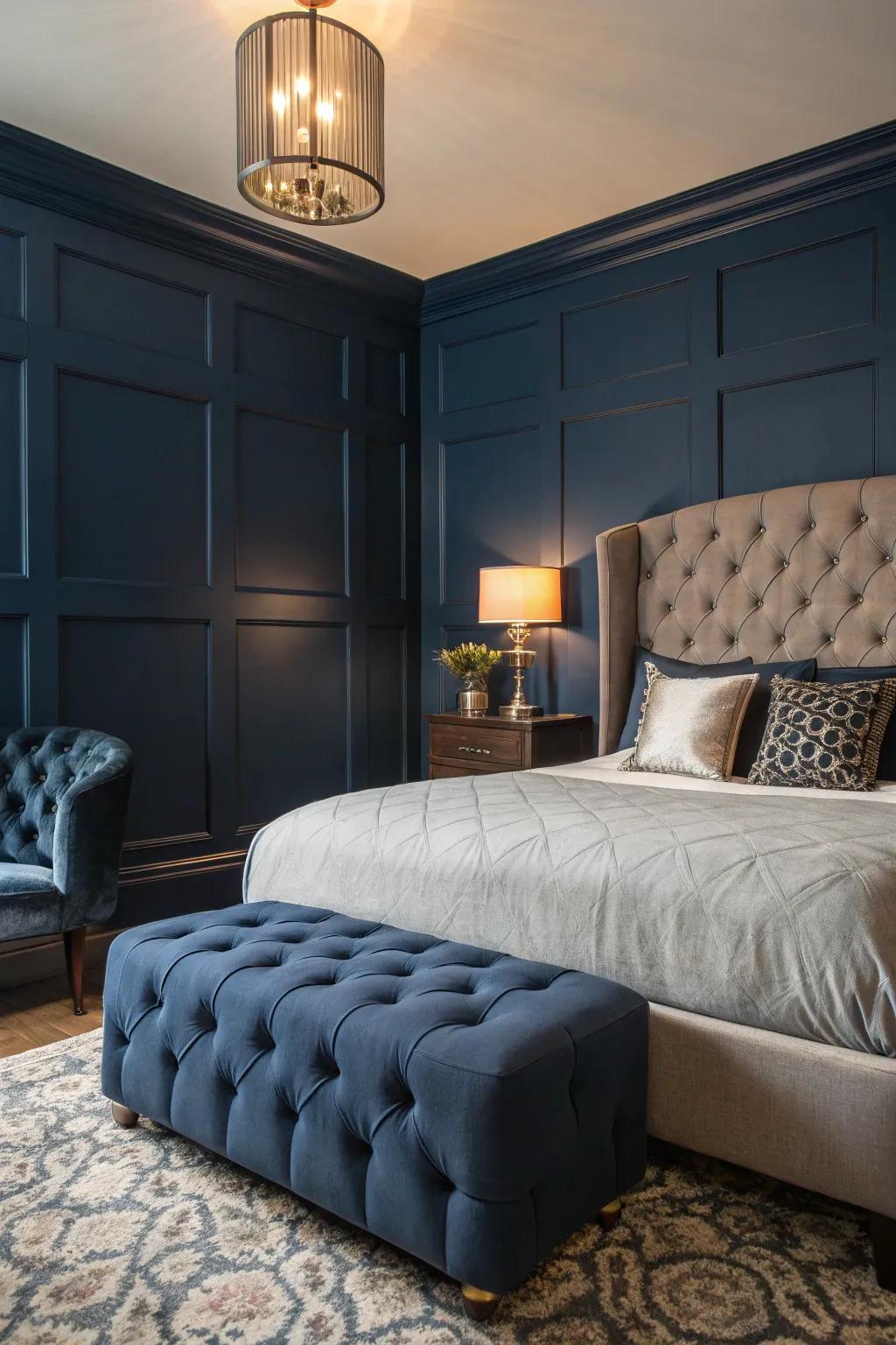 Tufted furnishings infuse conventional opulence into a snug indigo room.
