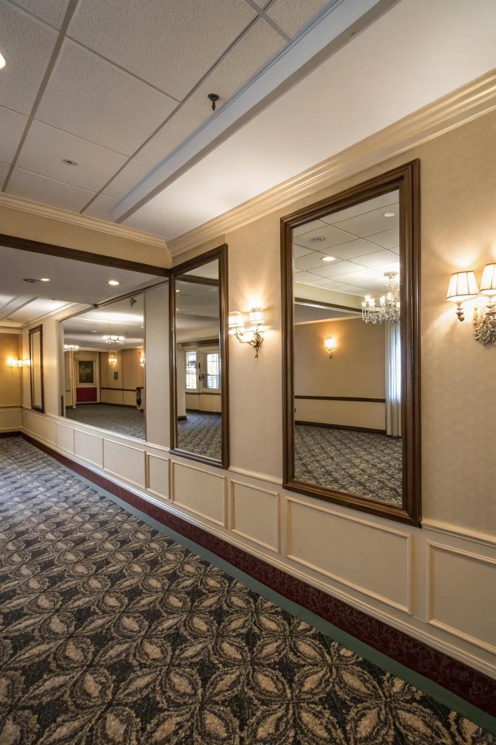 A compact room featuring a mirrored partition wall that amplifies space and light.