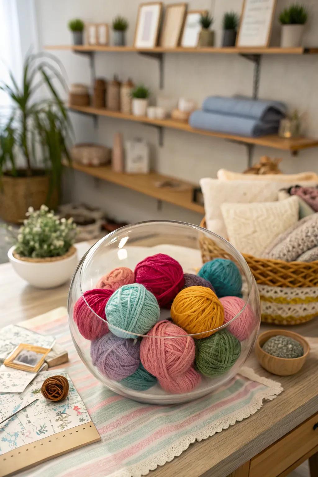Yarn spheres within a glass vessel fashion a comforting and inviting ambiance.
