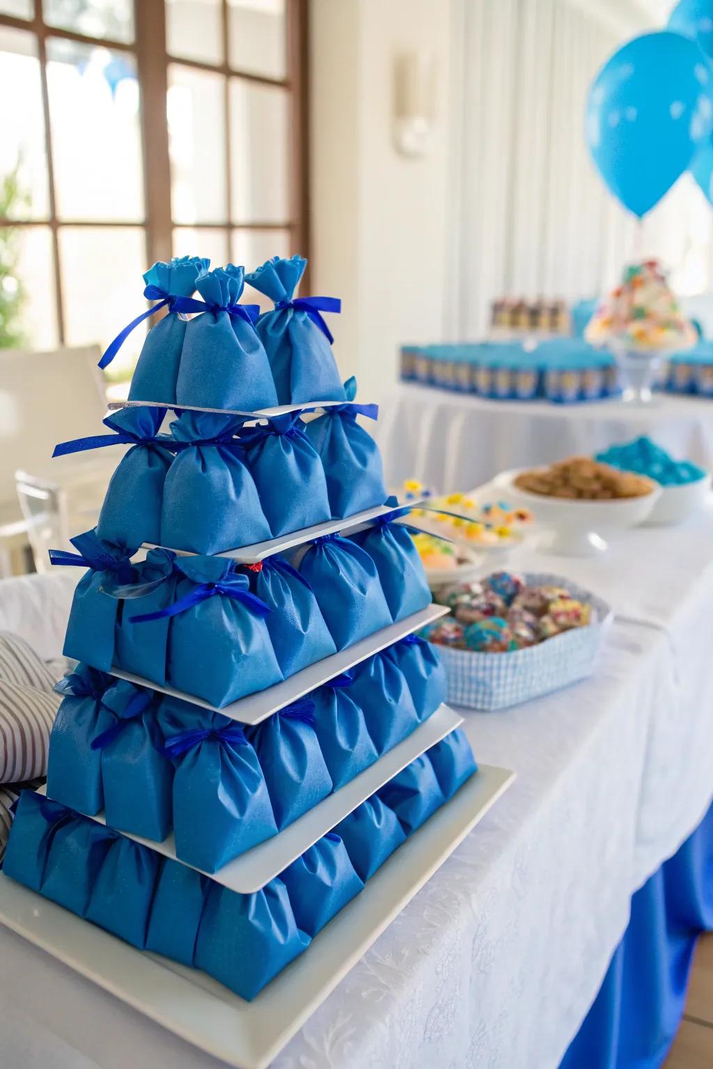 Themed sweets pouches that complement the table's azure motif.