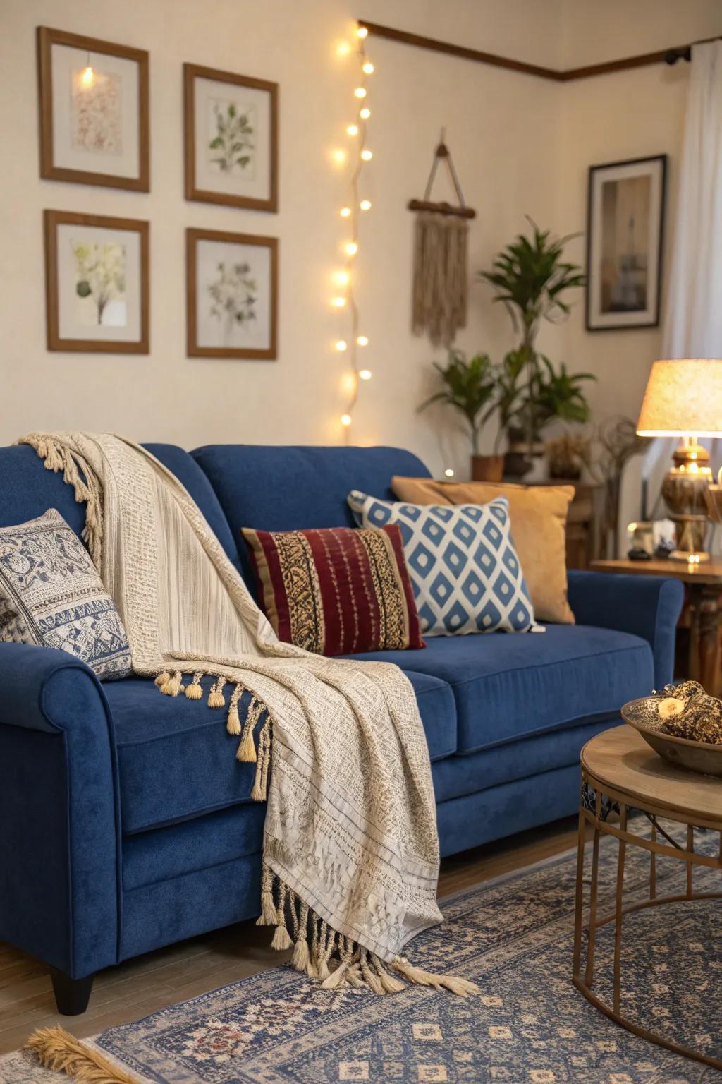 Layering throws and cushions imparts snugness and flair to the sapphire settee.