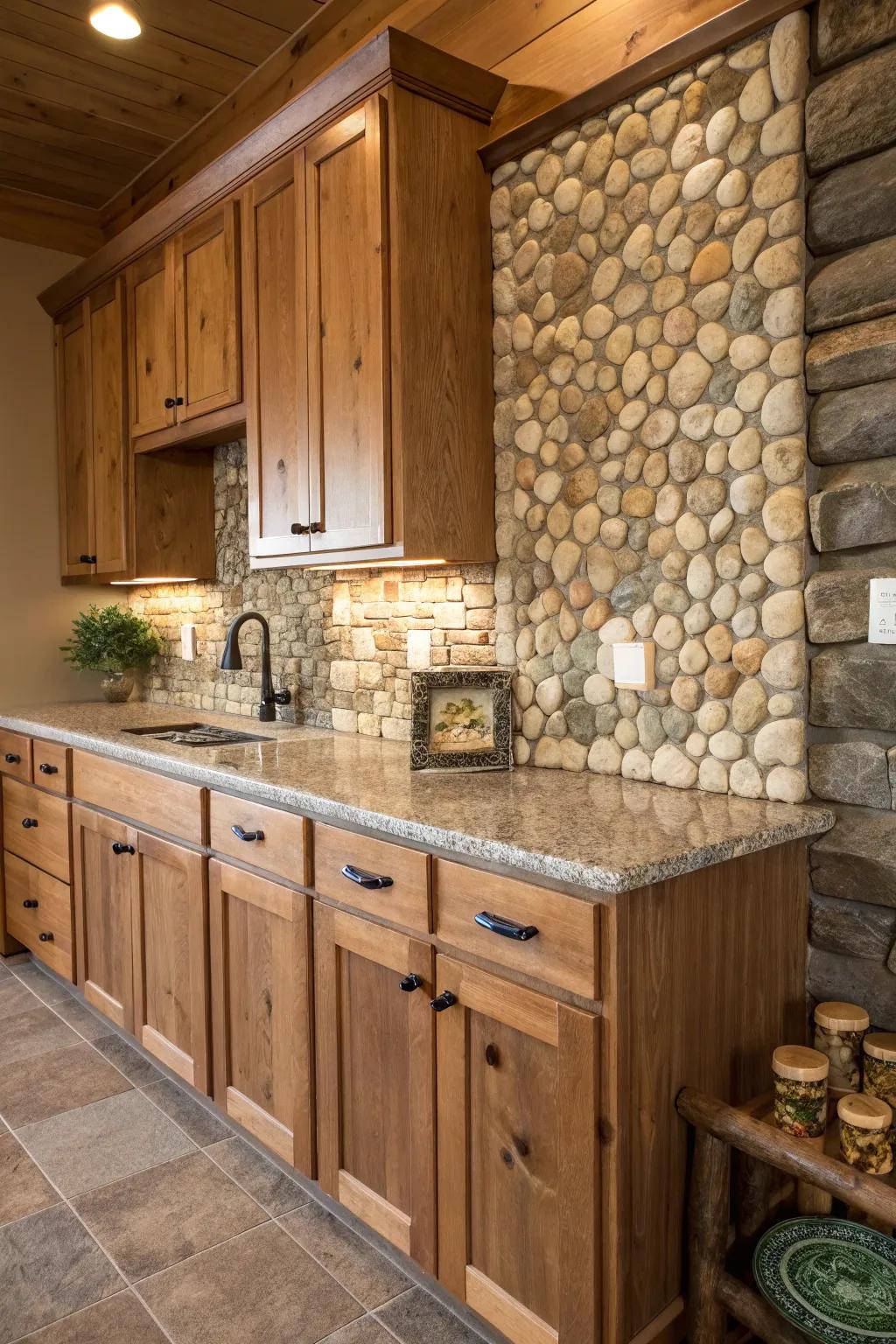 A pebble mosaic backsplash incorporates a natural, artistic element.