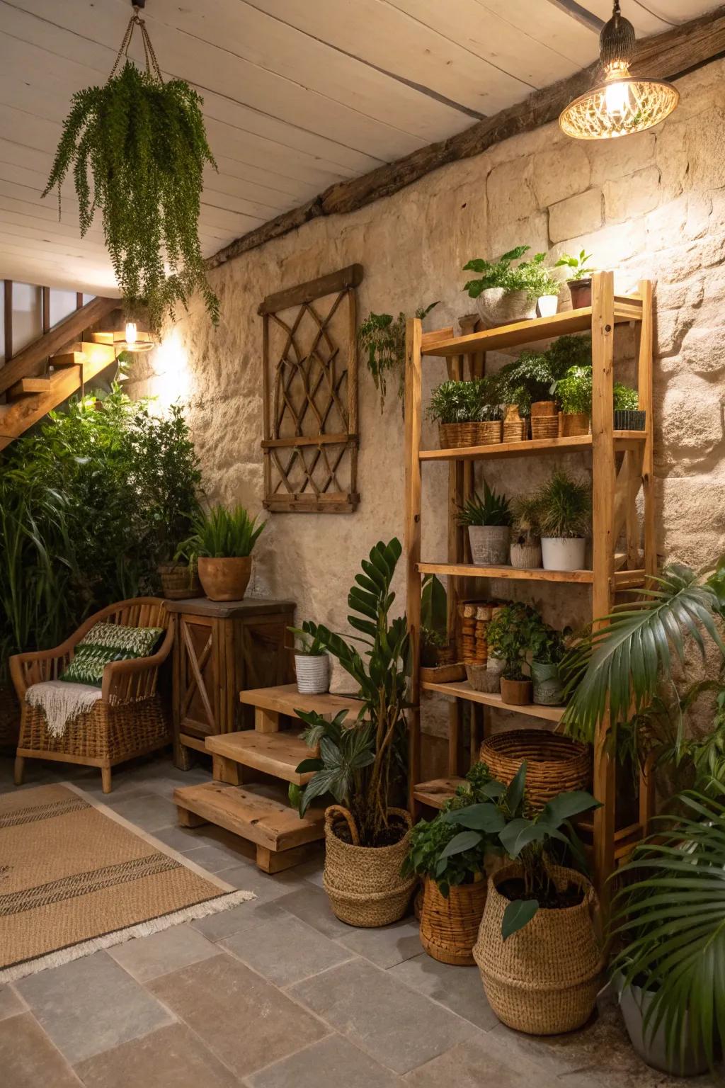 Plants bring life and color to a homespun basement.
