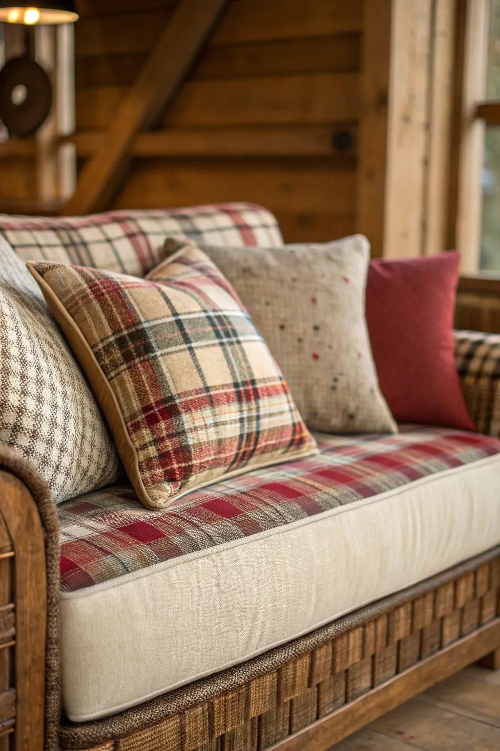 A divan adorned with a merge of plaid and solid cushions.