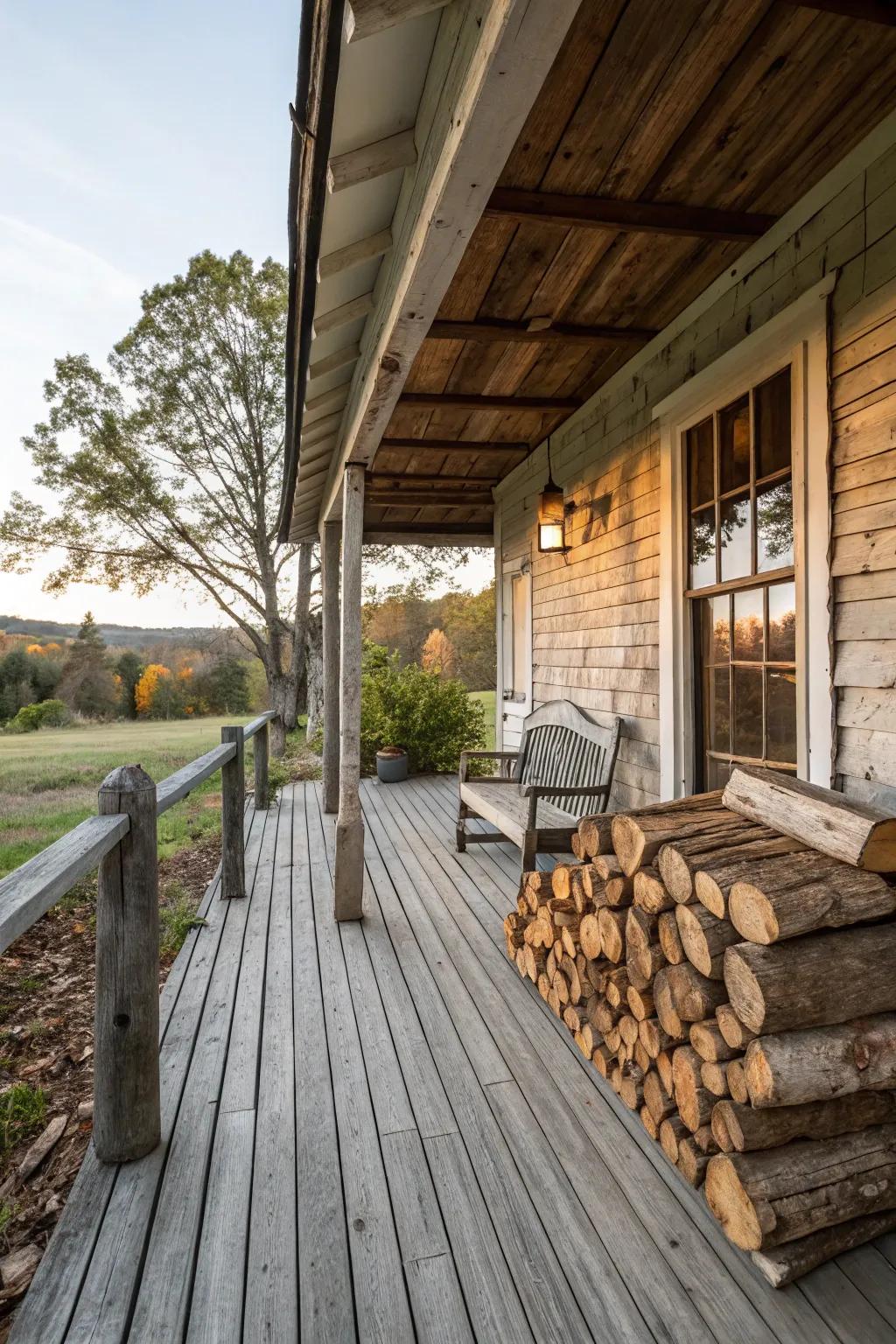 Stacks of split wood add a practical and cozy touch to a rustic veranda.