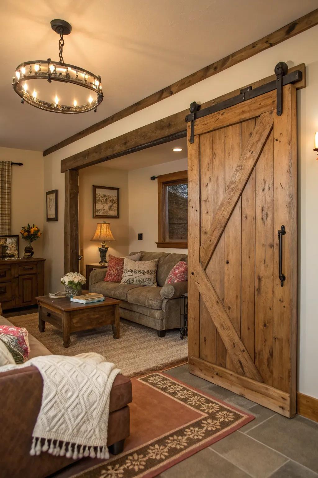Sliding agricultural doors furnish utilitarian and ornamental rustic enticement.