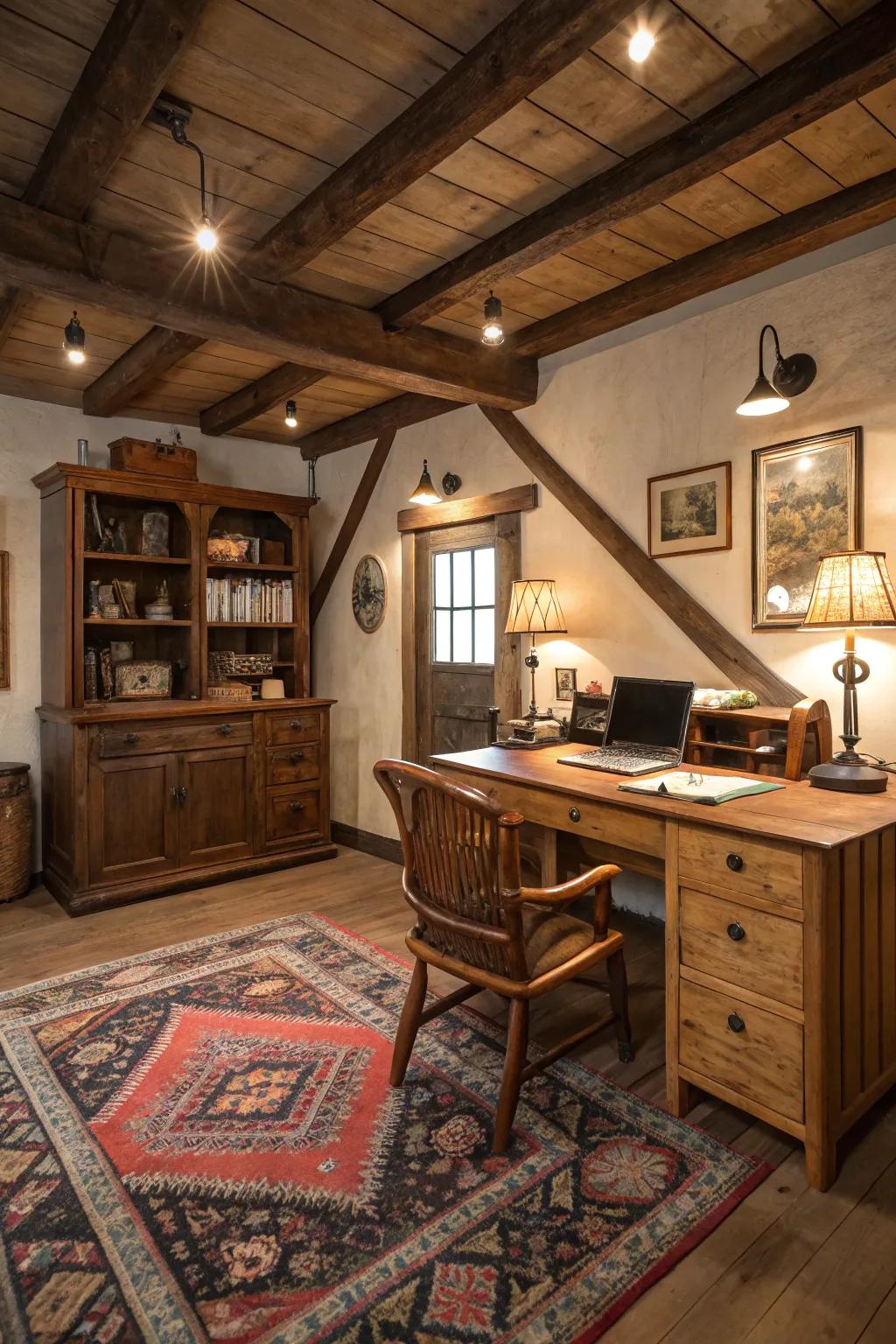 A vintage floor covering adds warmth and identity to a country-style office.