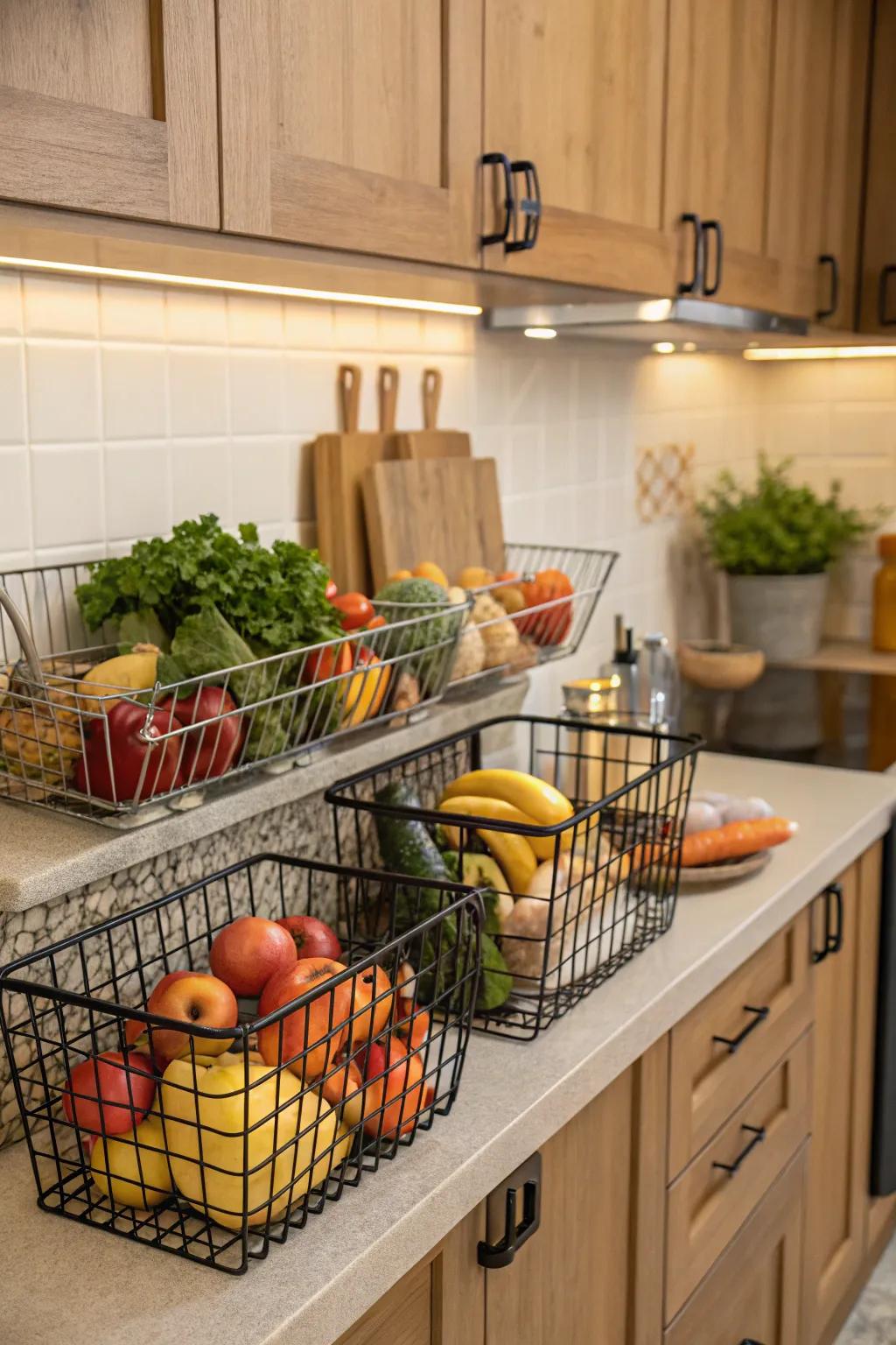 Metal baskets offer functional storage with rustic charm.