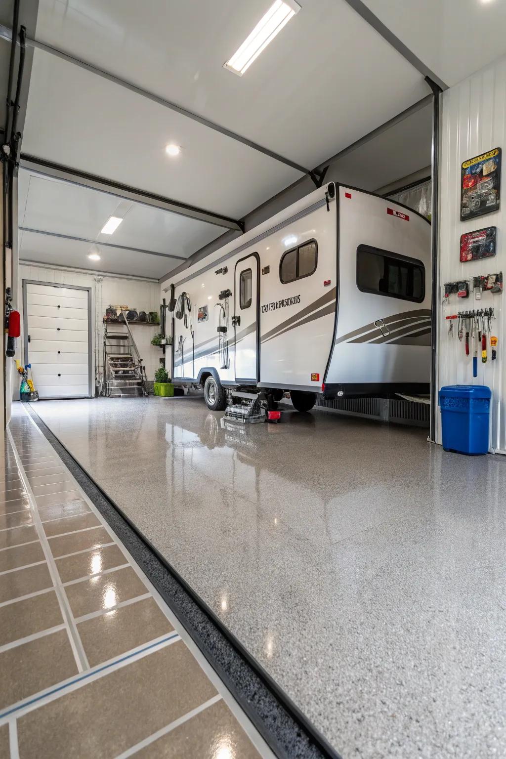 Durable epoxy flooring provides a smooth, easy-to-clean surface in an RV garage.