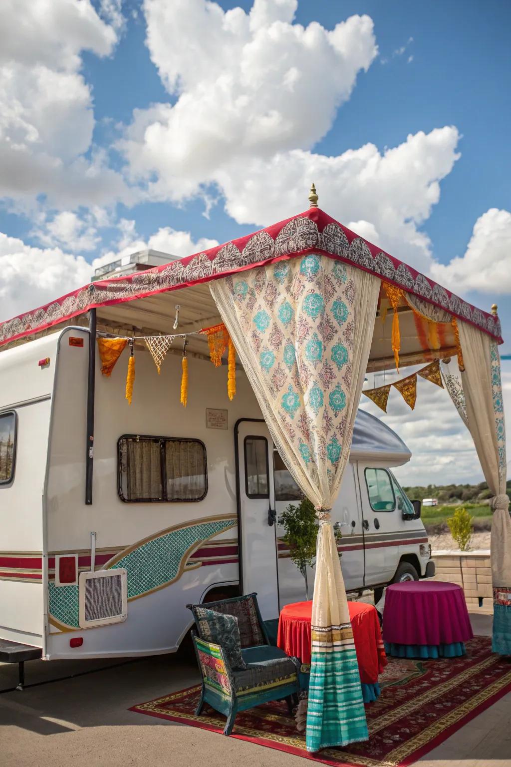 A charming awning adding flair and shade to RV storage.
