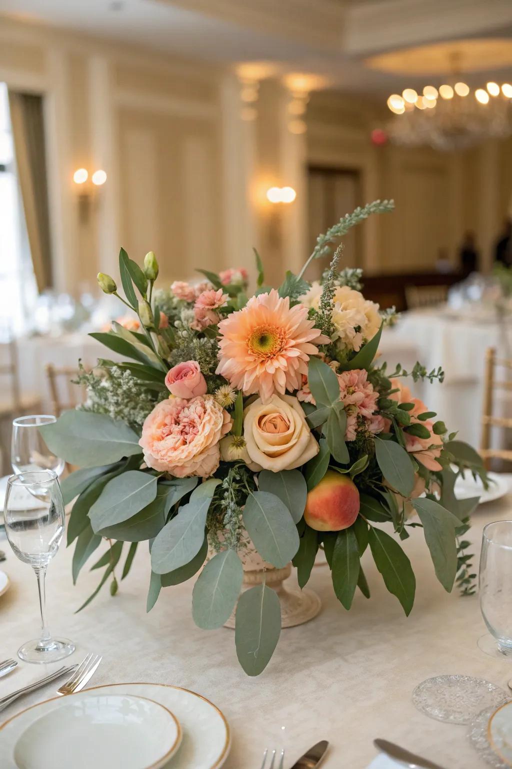 A revitalizing and delightful centerpiece featuring peach hues and verdant tones.