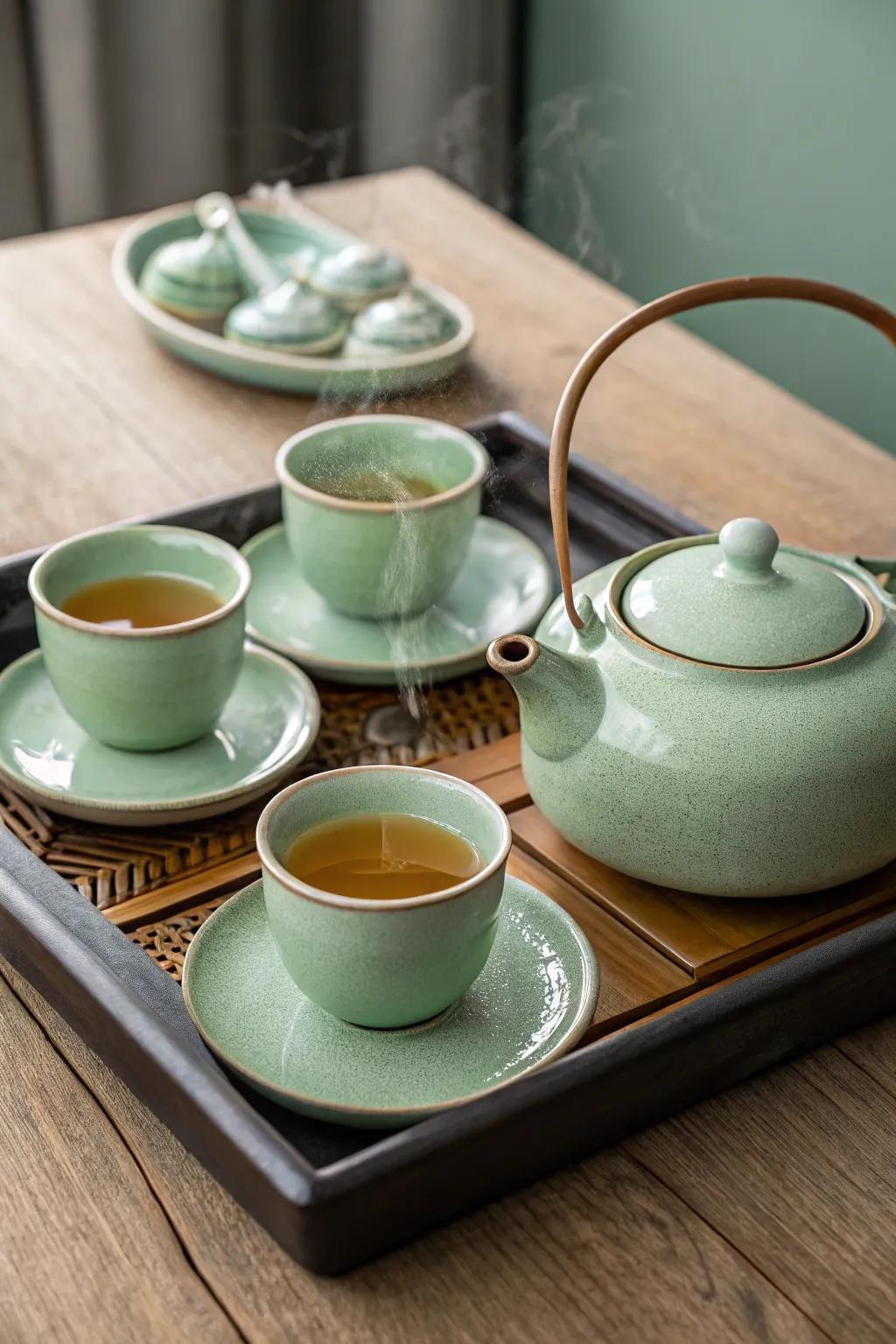 A sage green beverage ensemble transforms every tea moment into a special celebration.