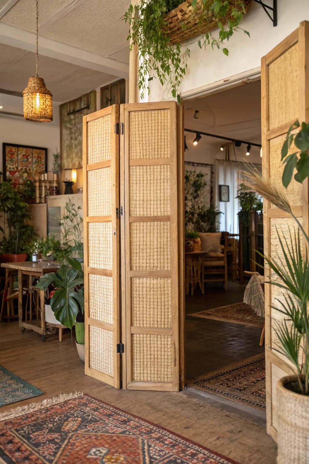 Natural textures come alive with woven panel saloon doors.
