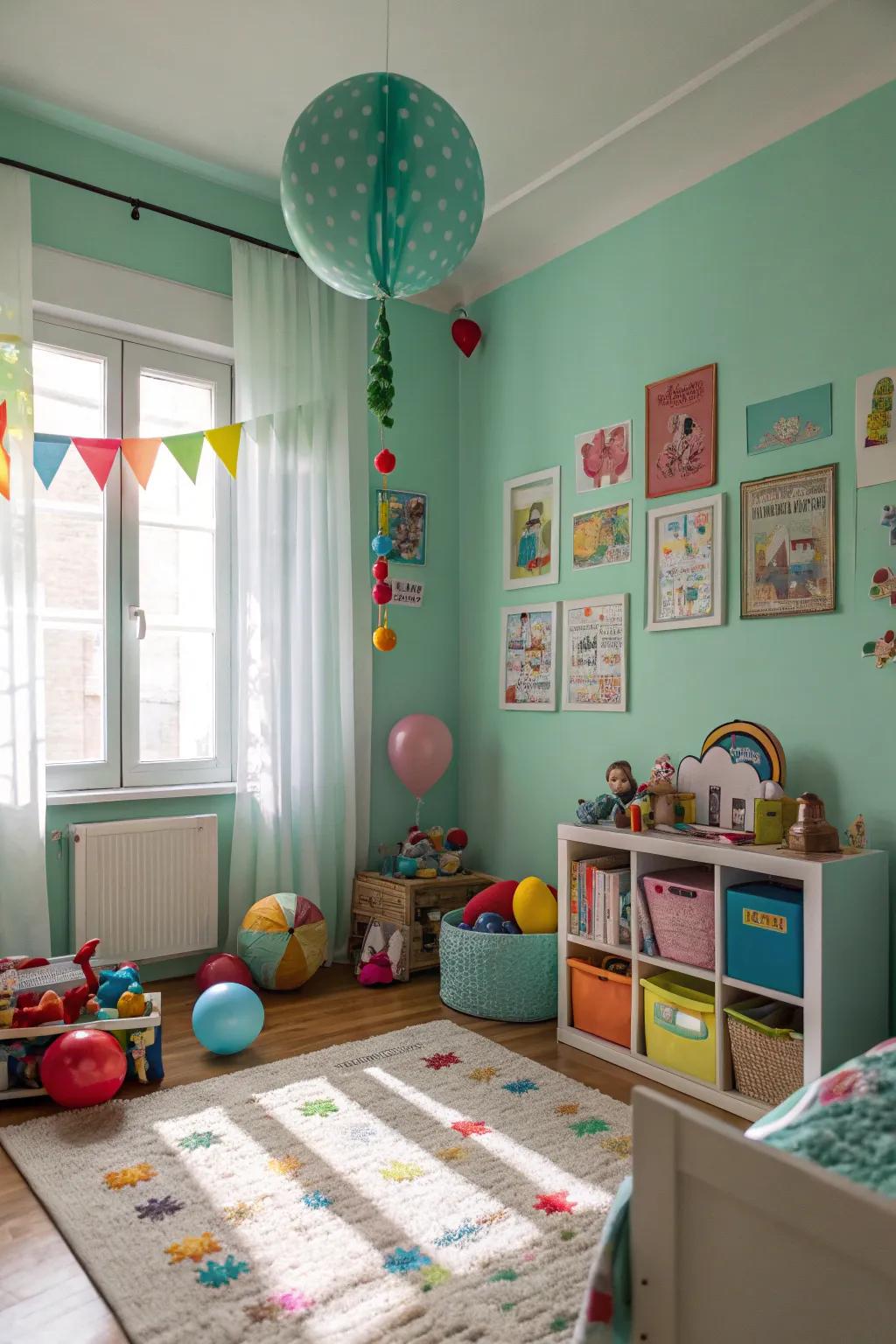 A vivacious and calming children's area featuring seafoam green painted walls.