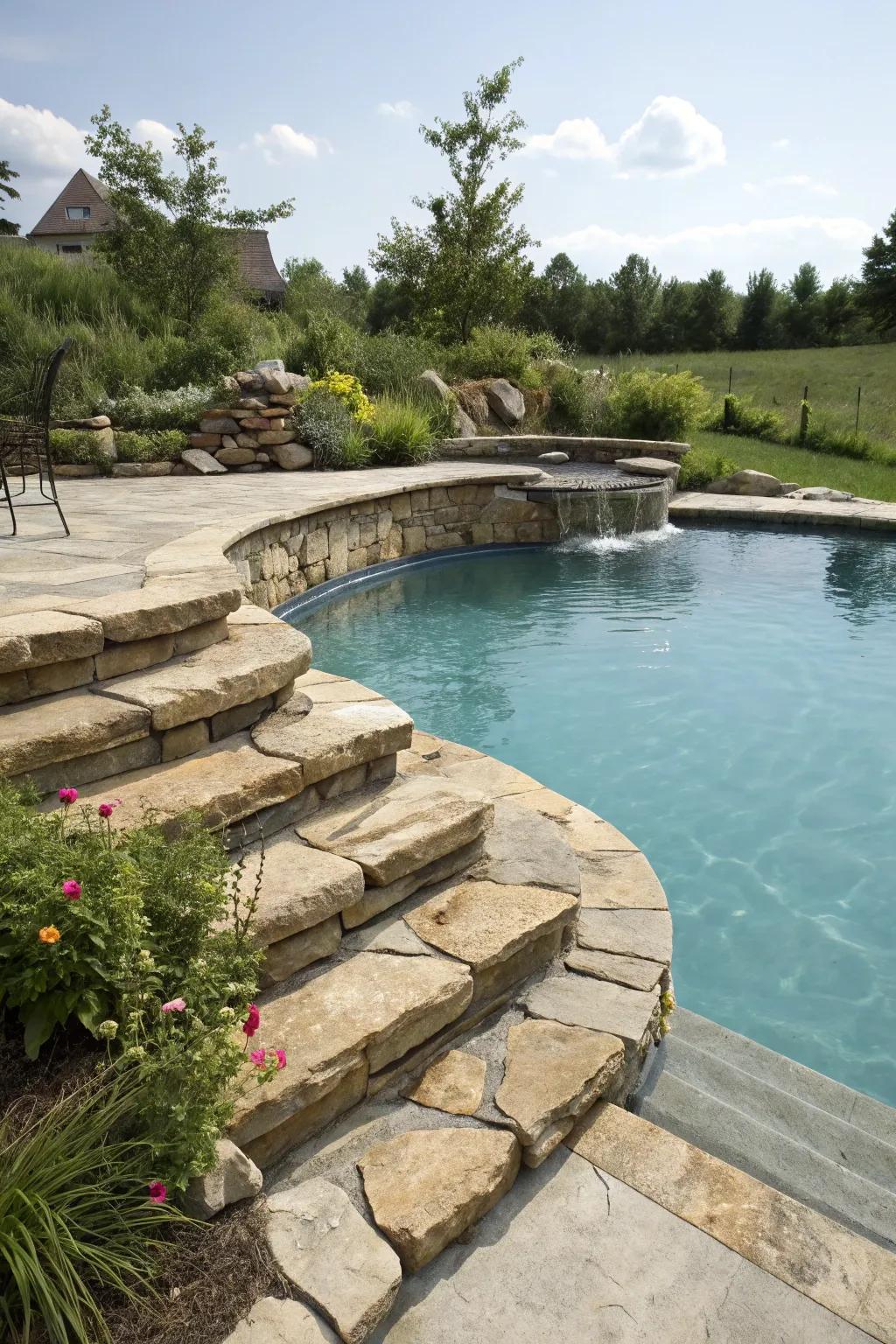A partially submerged pool featuring refined natural stone steps for easy entry.