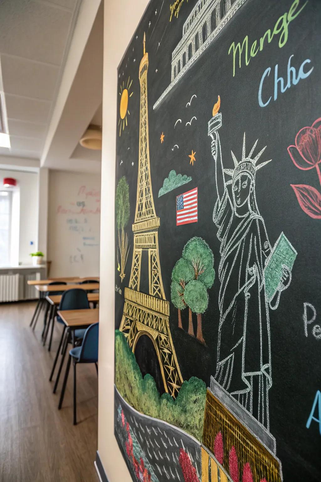 A travel memory board on a chalkboard showcasing sketches of famous landmarks.