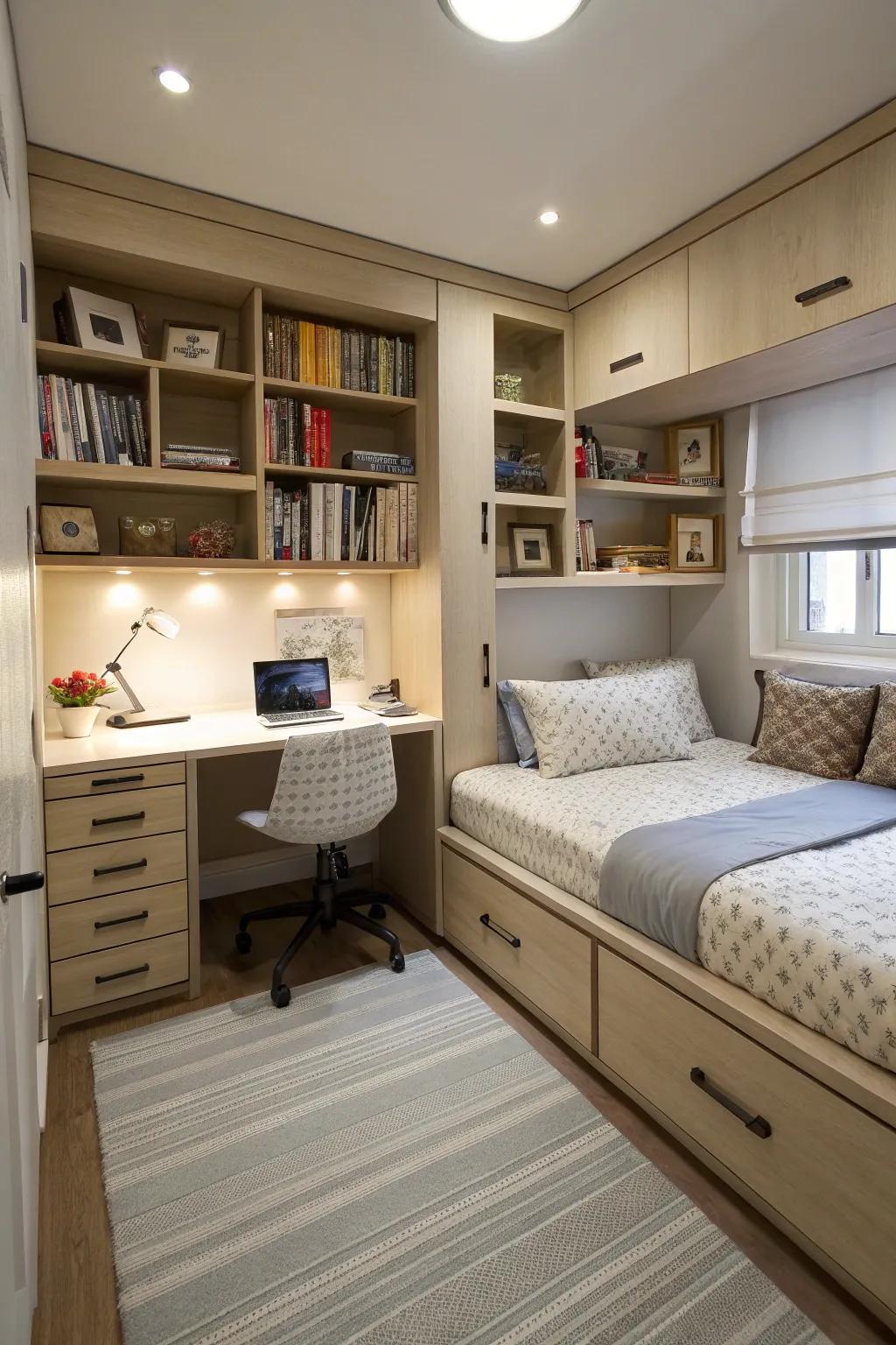 Inherent storage optimizes space within this compact, shared bedroom.