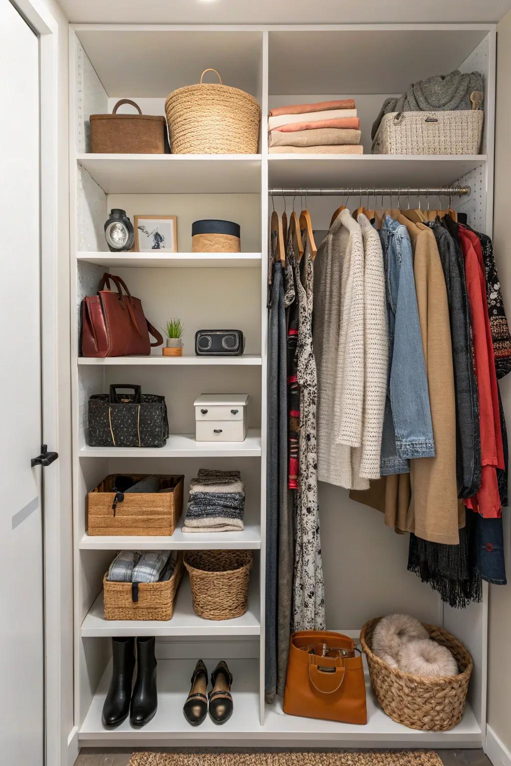 A closet featuring open shelves, morphing everyday articles into decorative elements.