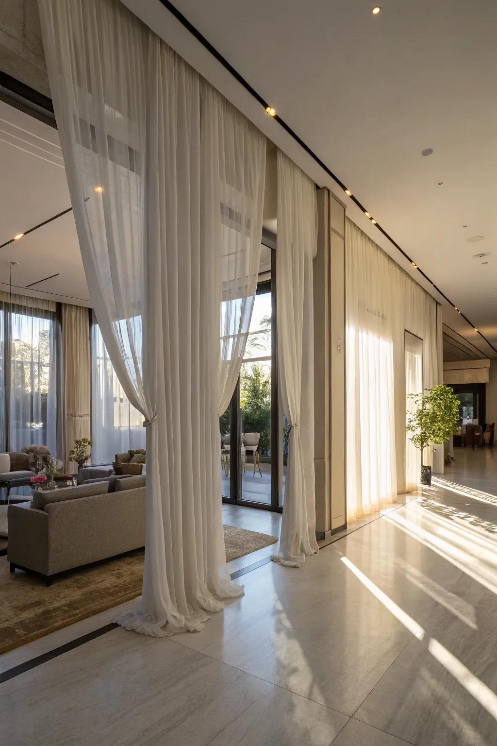 Light-filtering curtains can effectively partition areas, incorporating functional elegance into any room.