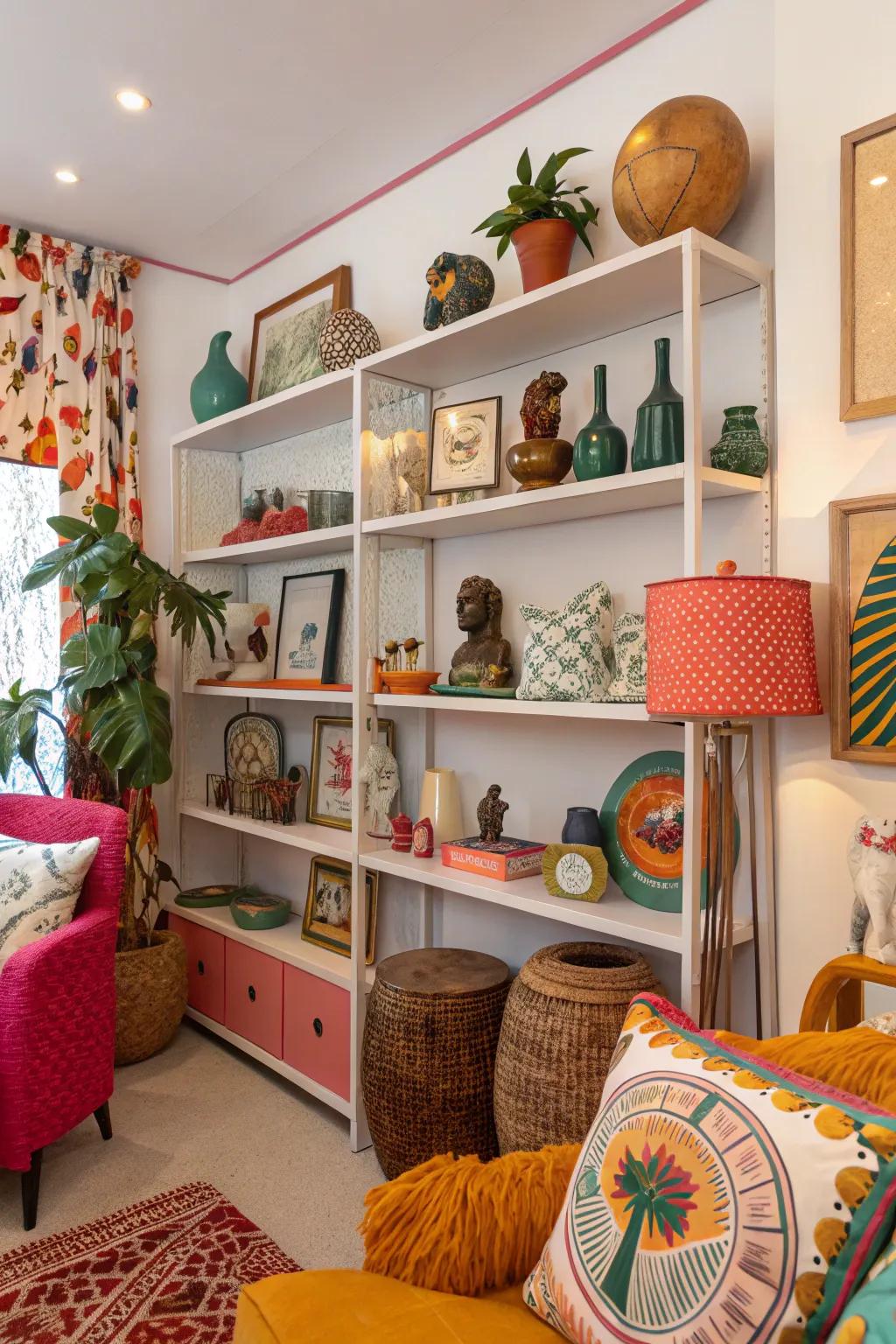 Whimsical statues infuse shelves with individuality and charm.