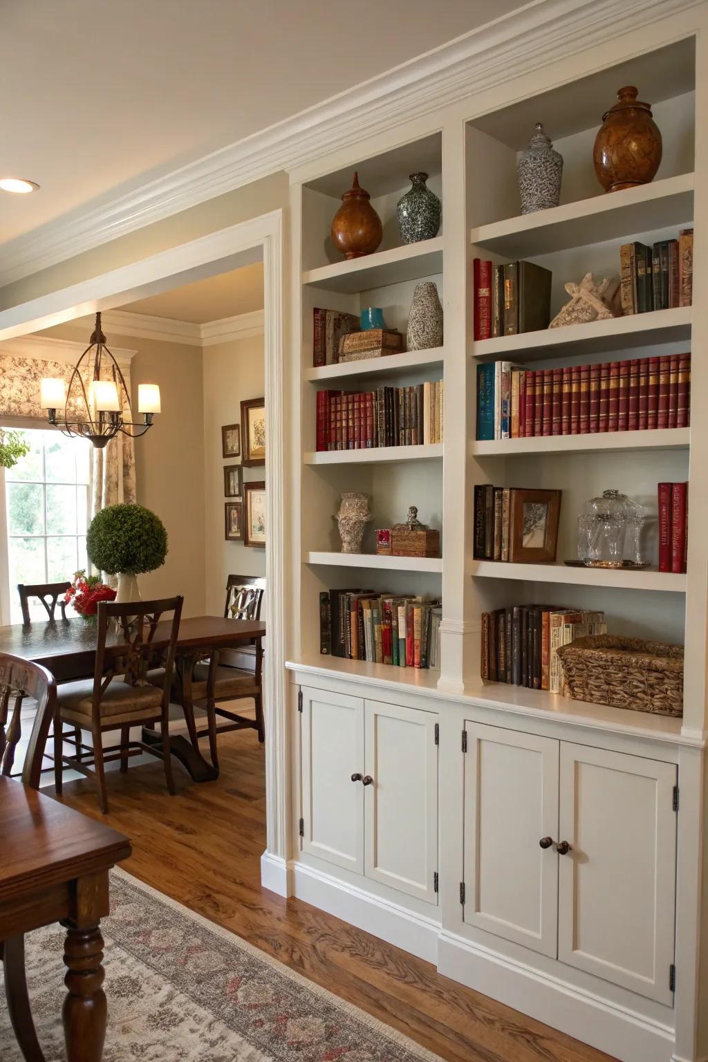 Capitalizing on vertical dimension through elevated shelving in the dining room.