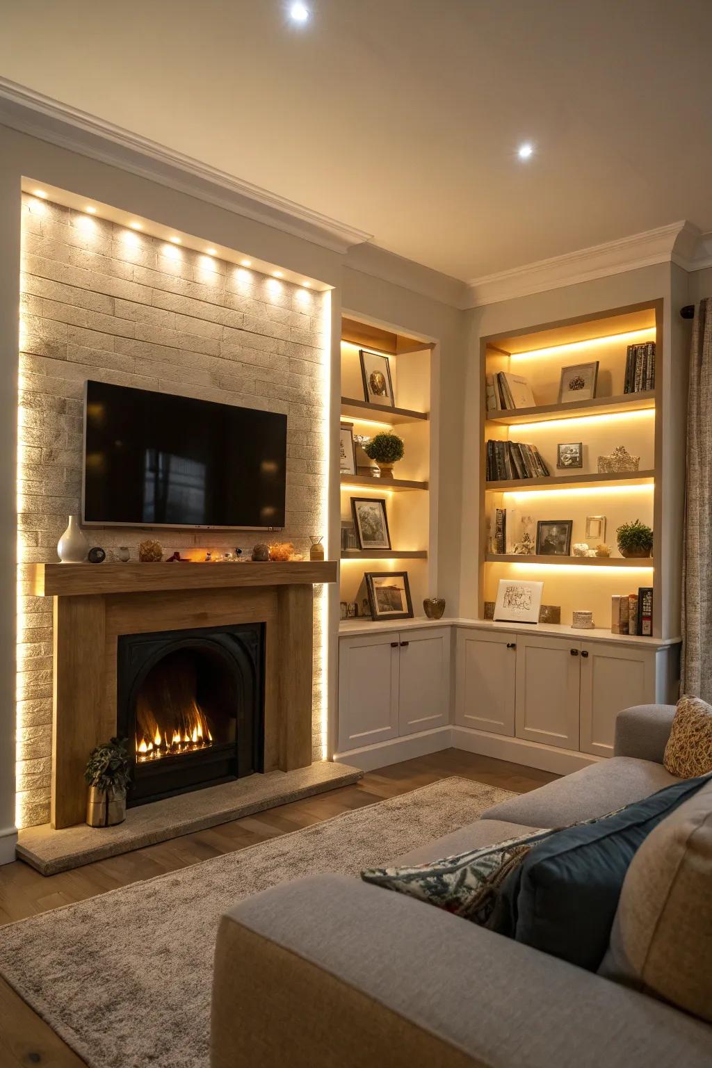 Gentle illumination highlights the decor and adds warmth.