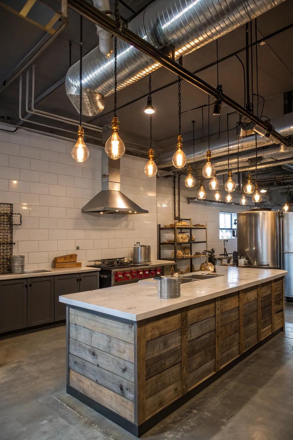 Industrial kitchen showcasing a shiplap island and urban features.