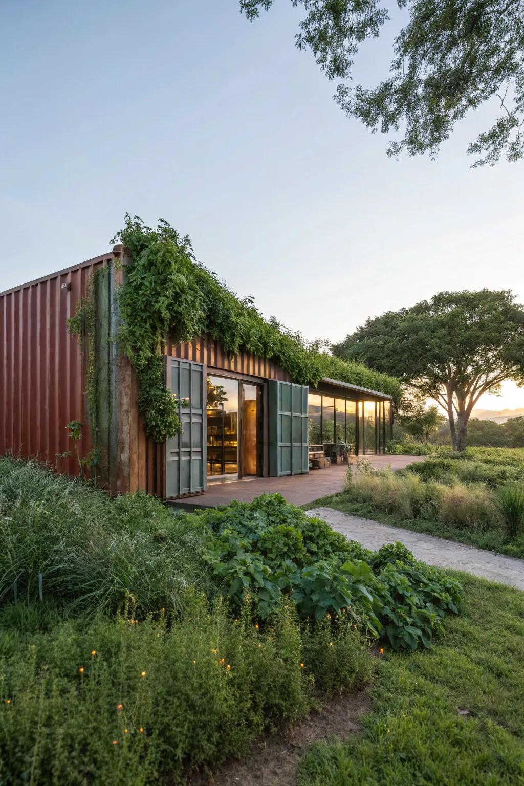 A stunningly incorporated metal box barn inside its surroundings.