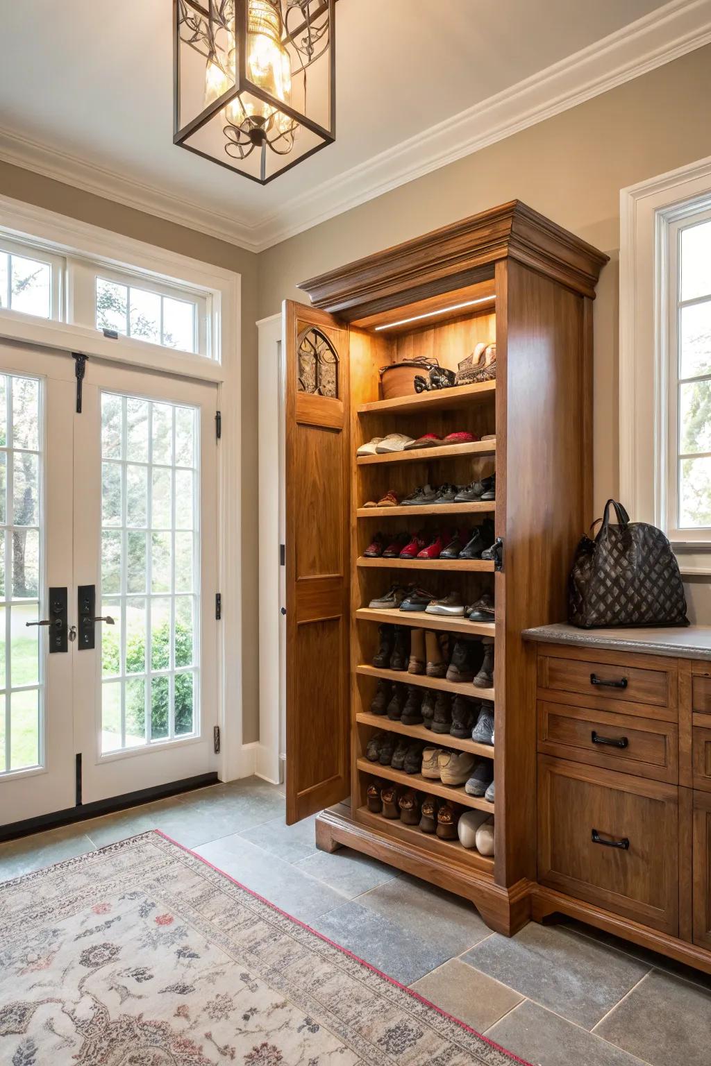 A custom-built footwear cabinet tailored for the hallway.