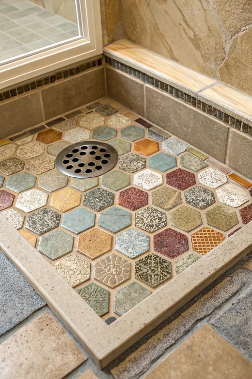 Eco-conscious reused tiles in different colors and textures make this shower space both beautiful and sustainable.
