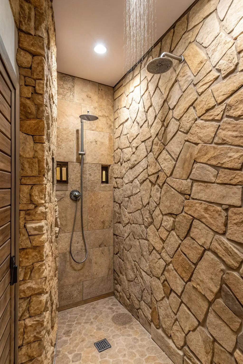 Tactile walls imbuing dimension and character into the shower stall.