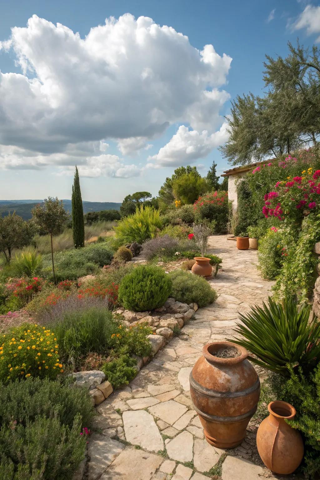 A Mediterranean-inspired garden featuring robust, drought-resistant shrubs.
