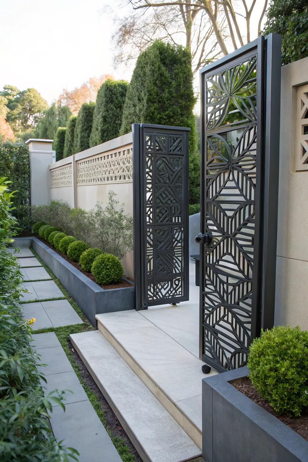 A geometrically patterned gate functioning as an objet d'art.