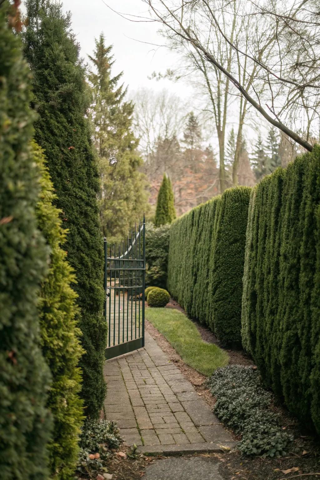 Private side yard featuring evergreen hedges.
