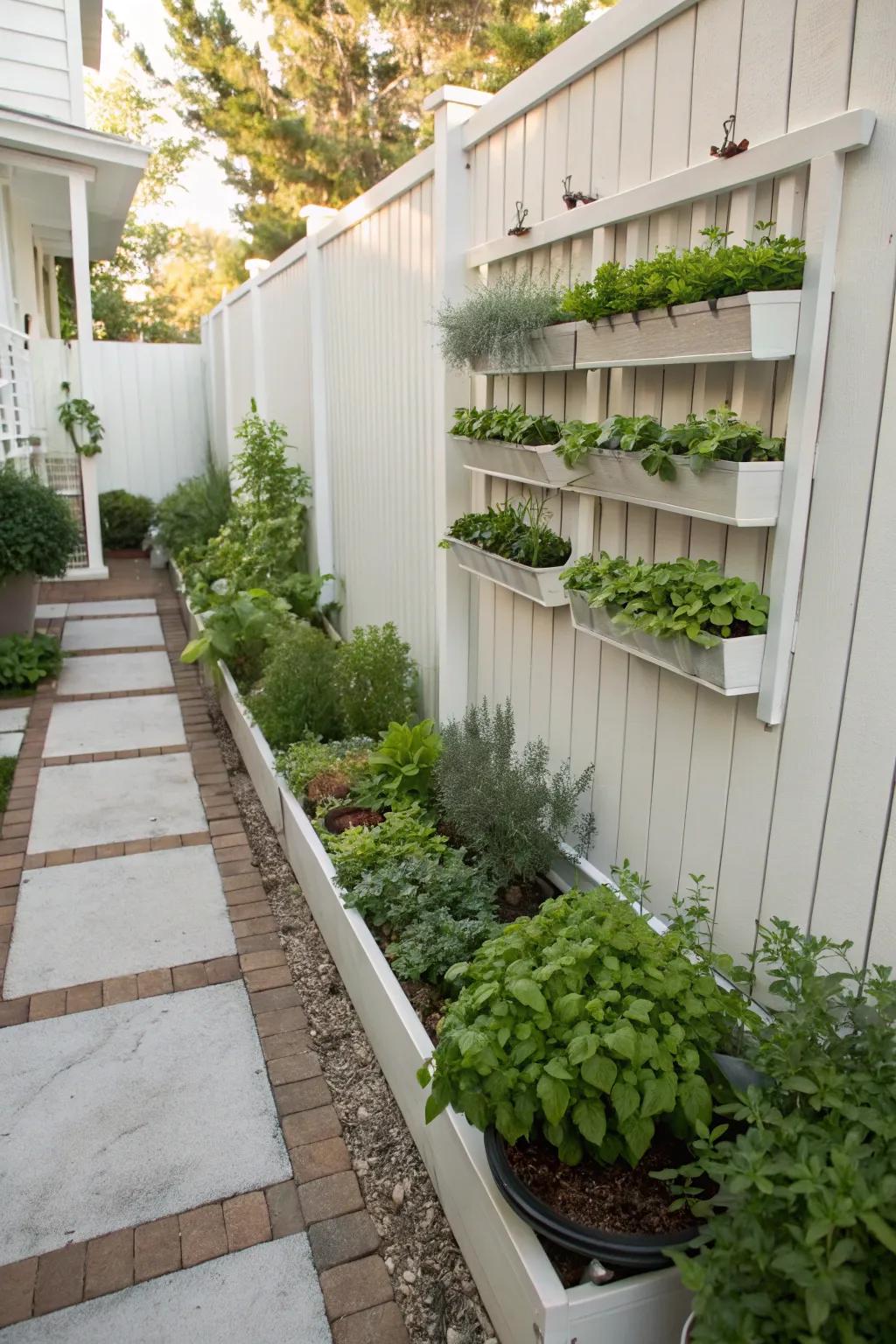 Nurture your personal herbs in your side yard, introducing a hint of verdure and flavor.