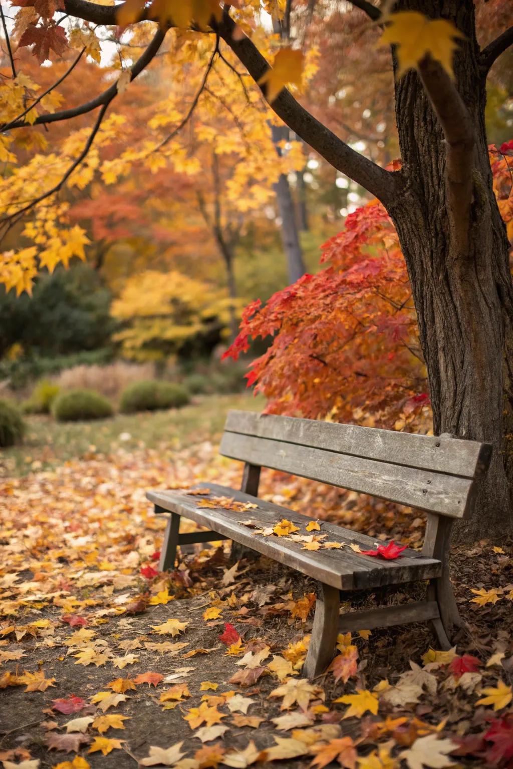 A timber settle accentuates the inherent splendor of autumn.