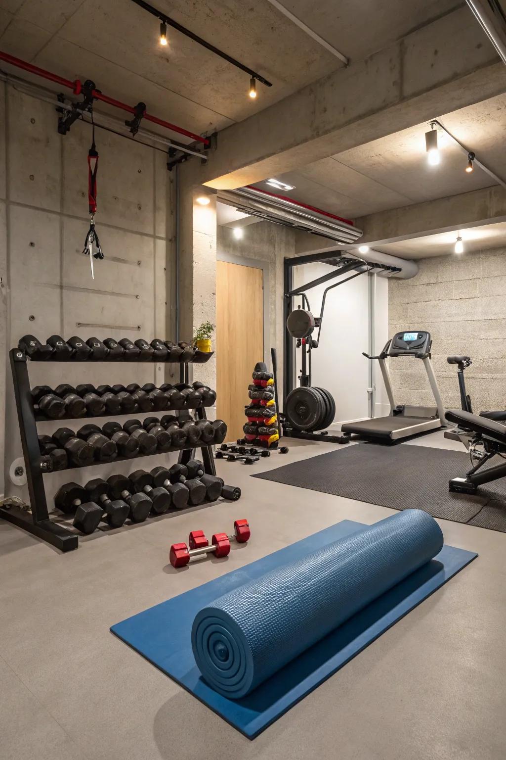 A home gym in your basement provides ease and motivation.